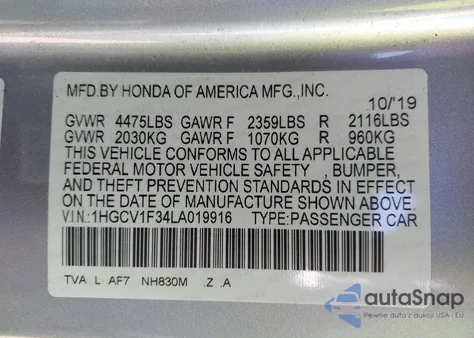 2020 Honda Accord Sport from USA, damaged, VIN 1HGCV1F34LA019916